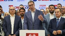 Serbian President Aleksandar Vučić speaks at his party's headquarters in Belgrade, June 2, 2024