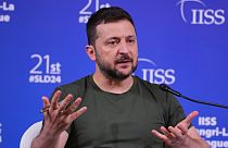 Ukraine’s President Volodymyr Zelenskyy speaks during a press conference after the 21st Shangri-La Dialogue summit at the Shangri-La Hotel in Singapore, Sunday, June 2, 2024.