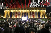 Demonstrators gather at the Parliamentary building during an opposition protest against the foreign influence bill in Tbilisi, Georgia,