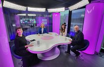 Host Méabh Mc Mahon with Sophia Russack, Anna Nalyvayko and Petros Fassoulas