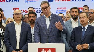 Serbian President Aleksandar Vučić speaks at his party's headquarters in Belgrade, June 2, 2024