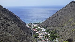 The city of Jamestown is pictured between massive volcanic cliffs on the remote island of St Helena