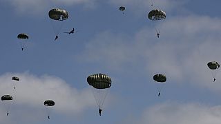 Parachute drop in Carentan-Les-Marais in Normandy, France on Sunday, June 02, 2024, ahead of D-Day 80th anniversary commemorations. 