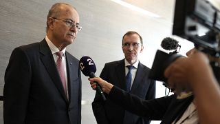 Prime Minister of the Palestinian Authority Mohammed Mustafa, left, and Norway's Foreign Minister Espen Barth Eide speak to the media in Brussels, May 26, 2024