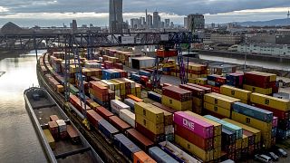 Containers are pictured in the small harbour in Frankfurt