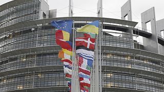 European flags fly outside the European Parliament Wednesday, Feb. 7, 2024 in Strasbourg, France.