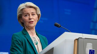 European Commission President Ursula von der Leyen addresses a media conference at the conclusion of an EU Summit in Brussels, Friday, March 22, 2024.