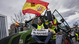 Farmers rally towards the European Parliament offices in Madrid, Spain, Monday, Feb. 26, 2024. 