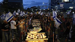 People protest against Israeli Prime Minister Benjamin Netanyahu's government and call for the release of hostages, in Tel Aviv, Israel, Saturday, May 11, 2024. 