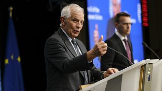 The EU's High Representative for Foreign Affairs, Josep Borrell, speaks to reporters following a Foreign Affairs Council, 27 May 2024