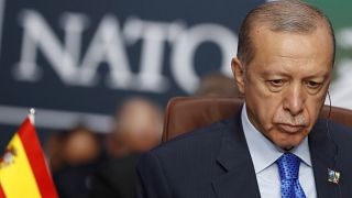 Turkish President Recep Tayyip Erdogan waits for the start of a round table meeting of the North Atlantic Council during a NATO summit in Vilnius, Tuesday, July 11, 2023.