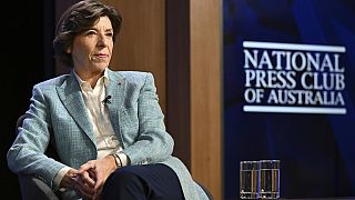 French Minister for Europe and Foreign Affairs Catherine Colonna prepares to address the National Press Club of Australia in Canberra, Monday, Dec. 4, 2023