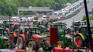 French farmers block the Biriatou pass, at the French-Spanish border, June 3, 2024. 