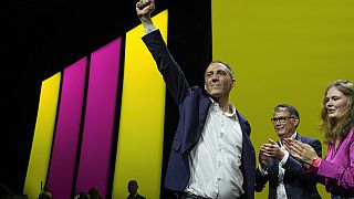 Raphael Glucksmann lead candidate of the French Socialist Party for the upcoming European election, arrives onstage during a meeting in Paris, Thursday, May 30, 2024. 