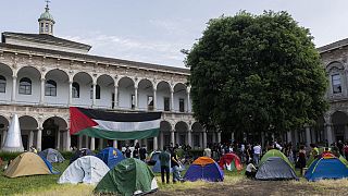 Students camp at State University during a pro-Palestine protest in Milan, Italy, Friday May 10, 2024.