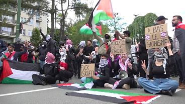 Pro-Palestinian organisations and student movements gathered in front of the Israeli embassy