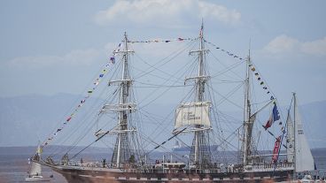 Sailing ship Belem departs with the Olympic flame from the port of Piraeus, in Greece (AP Photo/Petros Giannakouris)