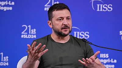 Ukraine’s President Volodymyr Zelenskyy speaks during a press conference after the 21st Shangri-La Dialogue summit at the Shangri-La Hotel in Singapore, Sunday, June 2, 2024.