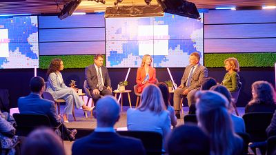 Host Méabh Mc Mahon with Samira Rafaela, Philipp Schulmeister, Dara Murphy and Shada Islam