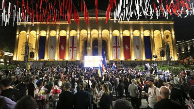 Demonstrators gather at the Parliamentary building during an opposition protest against the foreign influence bill in Tbilisi, Georgia,