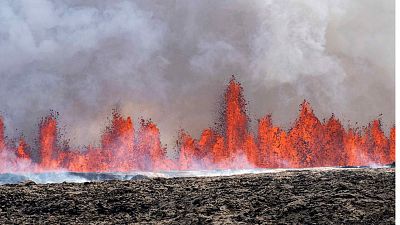 A volcano spews lava in Grindavik, Iceland, Wednesday, May 29, 2024. 