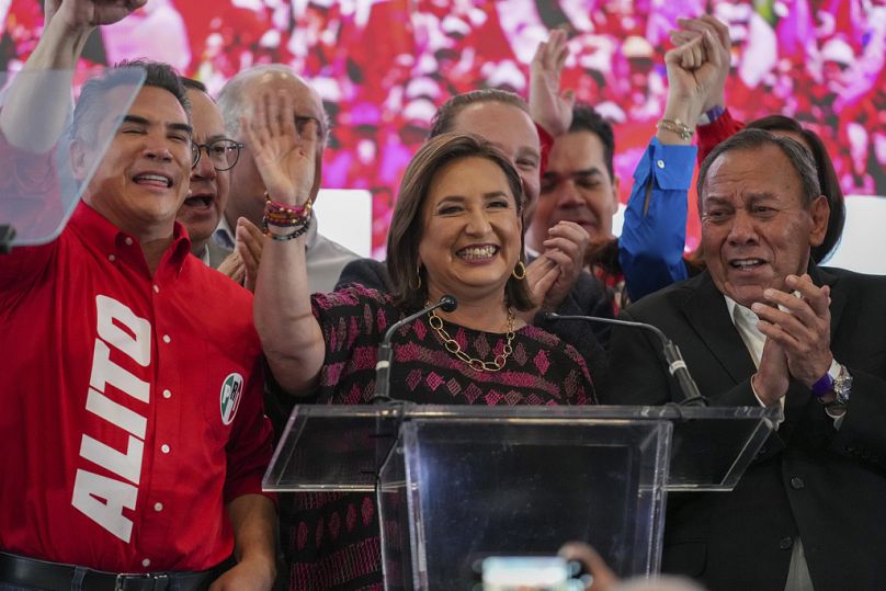 Opposition presidential candidate Xochitl Galvez waves after polls closed during general elections in Mexico City, Sunday, June 2, 2024.