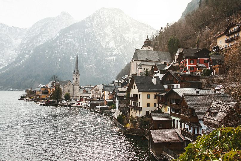 House near body of water, Hallstatt, Oberösterreich, Austria.